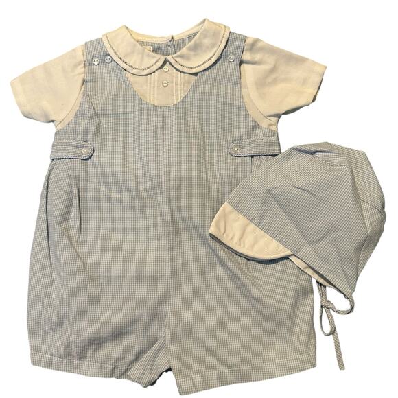 NWOT Petit Ami Blue Gingham Romper with Bonnet 9mo - Picture 1 of 3